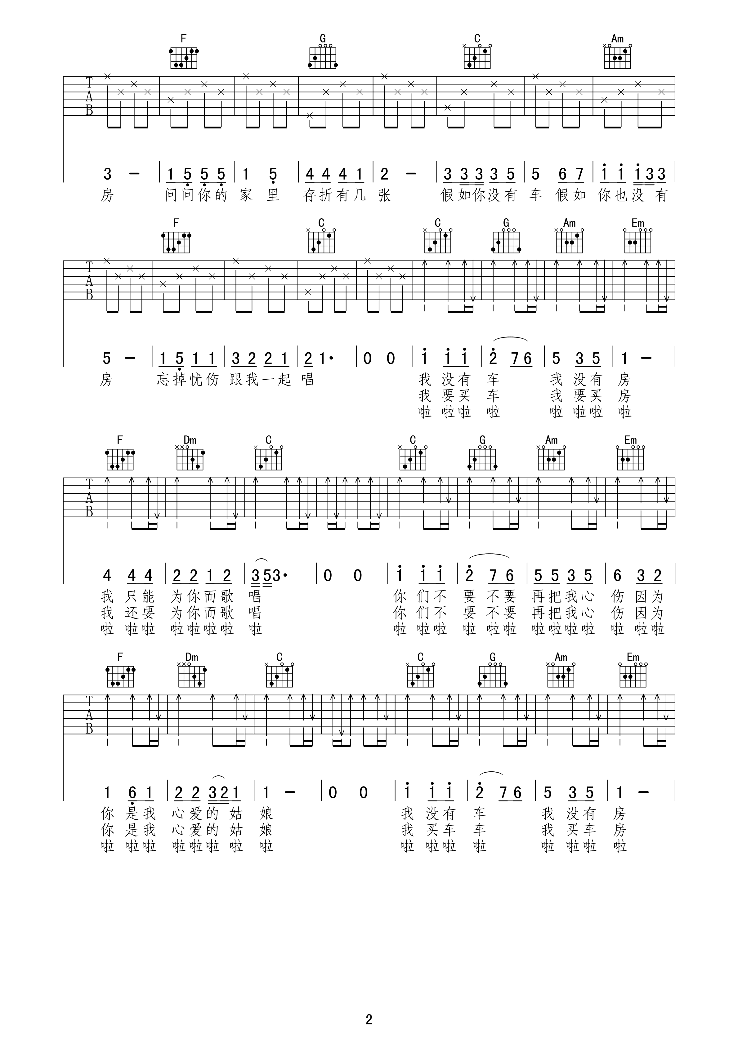 没有车没有房吉他谱孙辉C调