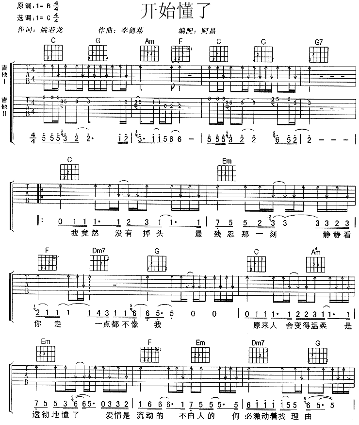 开始懂了吉他谱 孙燕姿 C调