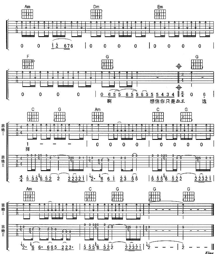 开始懂了吉他谱 孙燕姿 C调