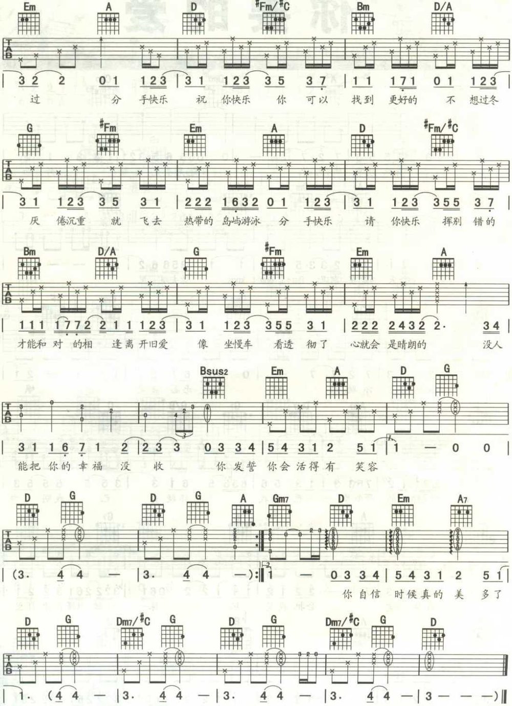 分手快乐吉他谱 梁静茹