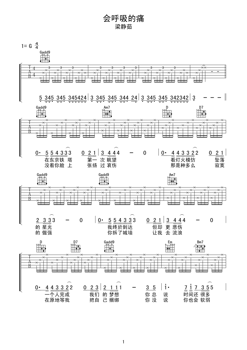 会呼吸的痛吉他谱 梁静茹 G调