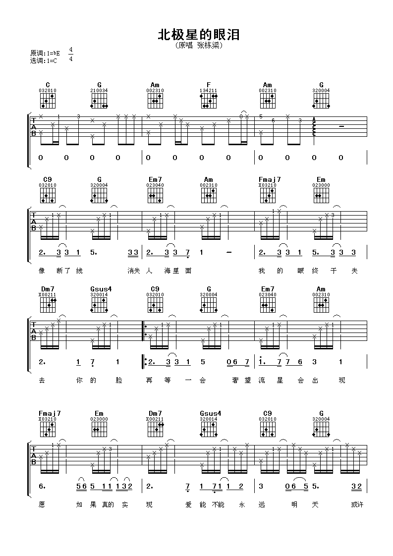 北极星的眼泪吉他谱 张栋梁