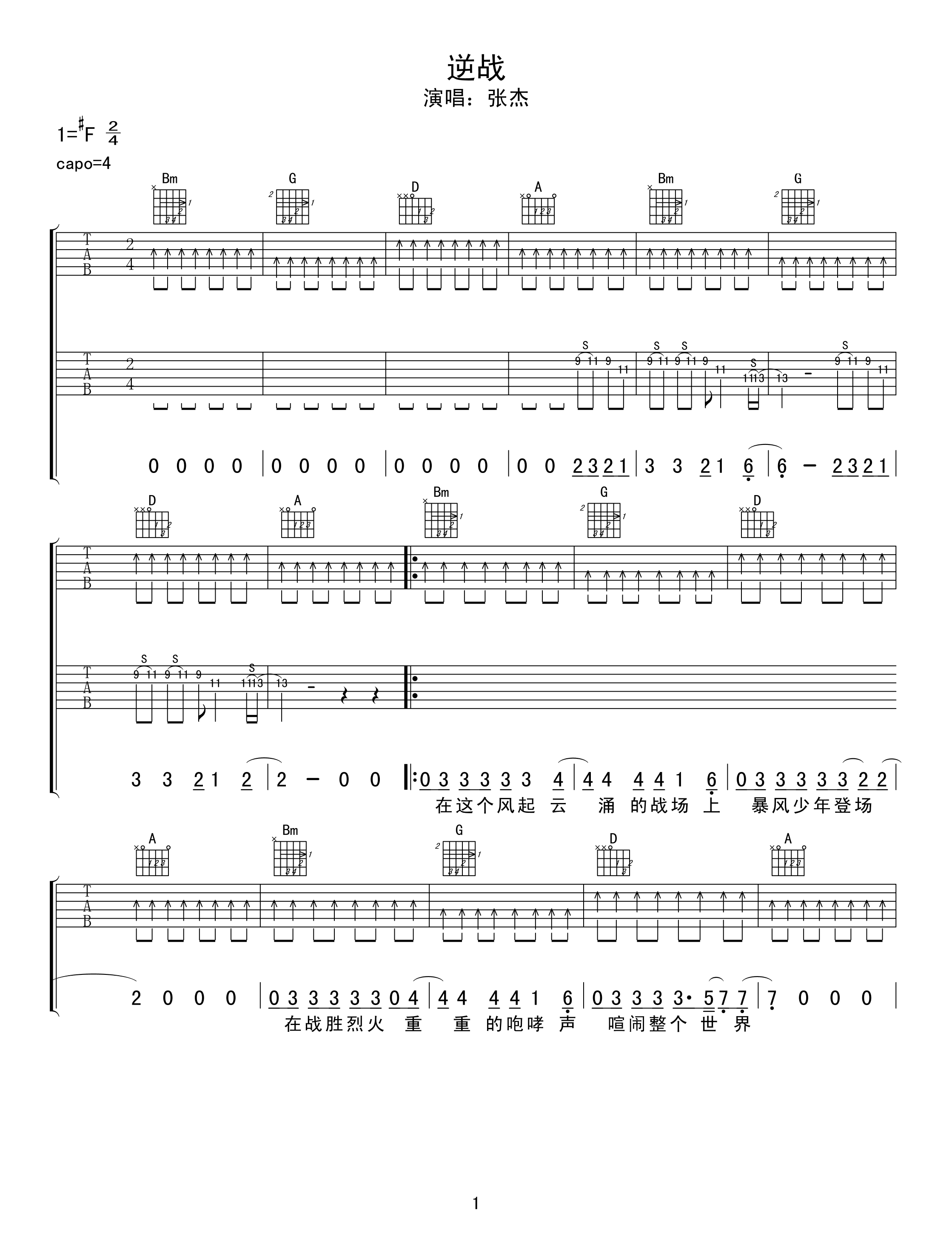 逆战吉他谱 张杰