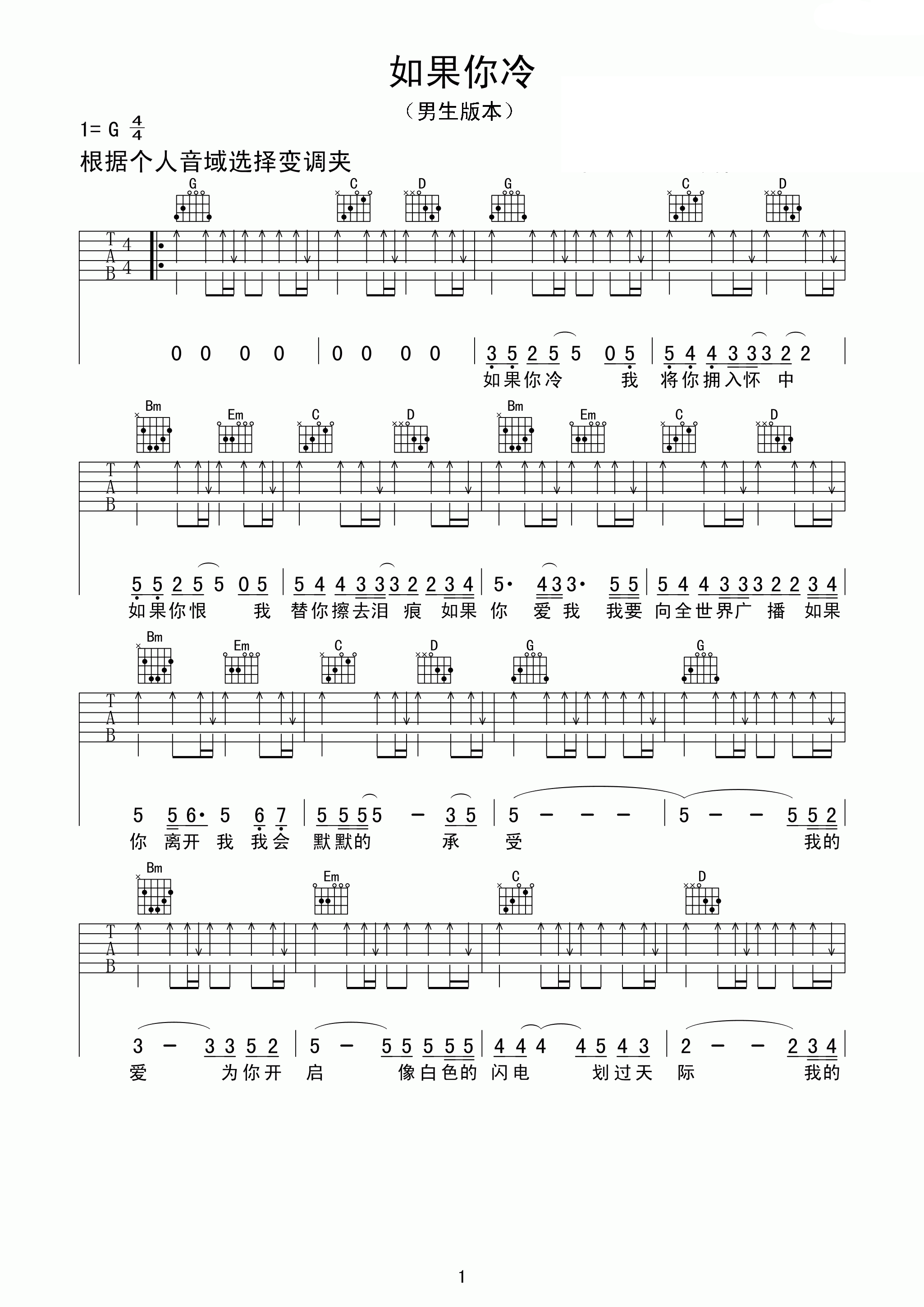 如果你冷吉他谱 张雨生 G调