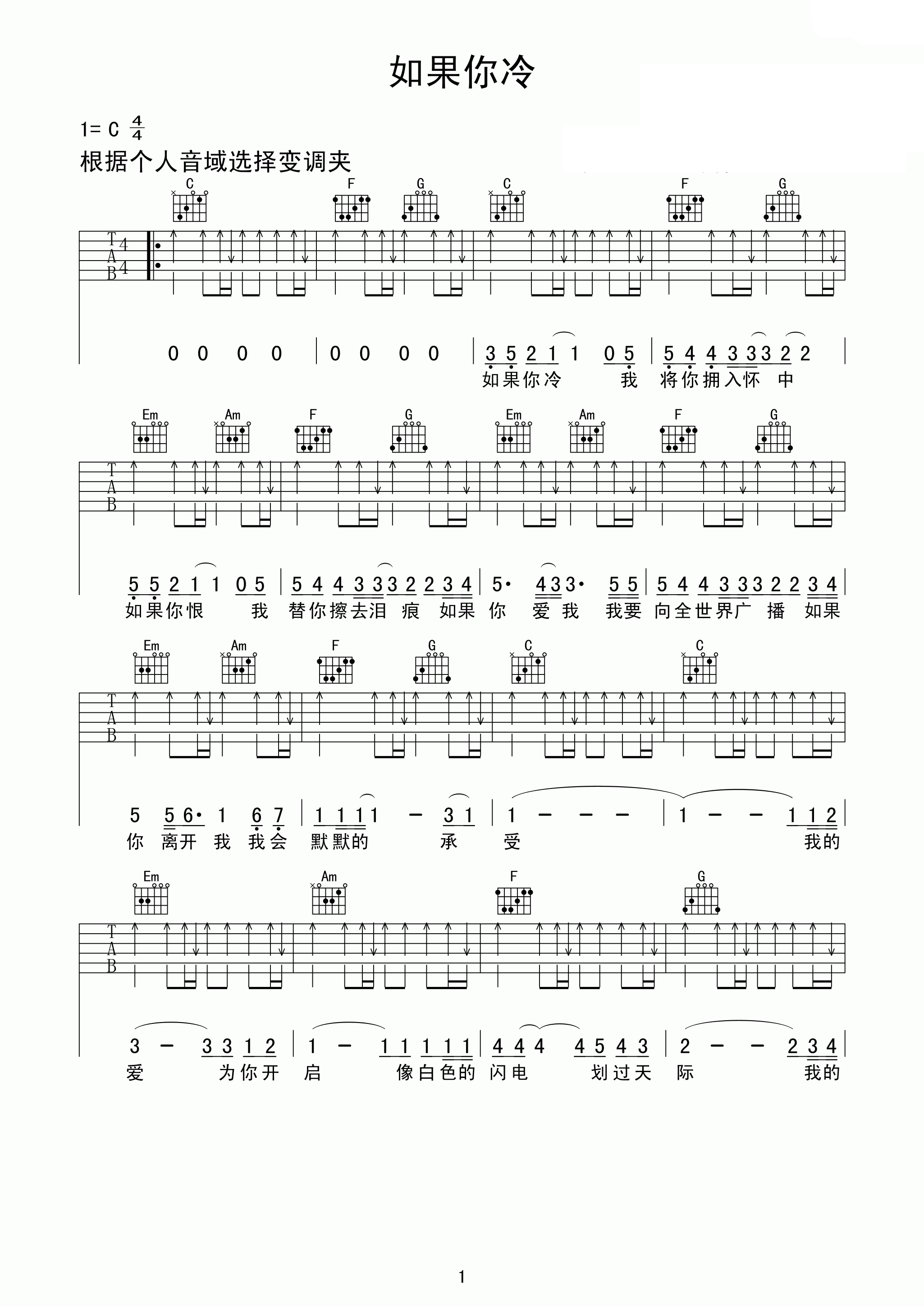 如果你冷吉他谱 张雨生 C调