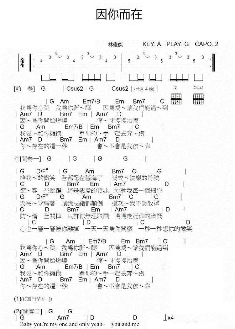 因你而在吉他谱 林俊杰