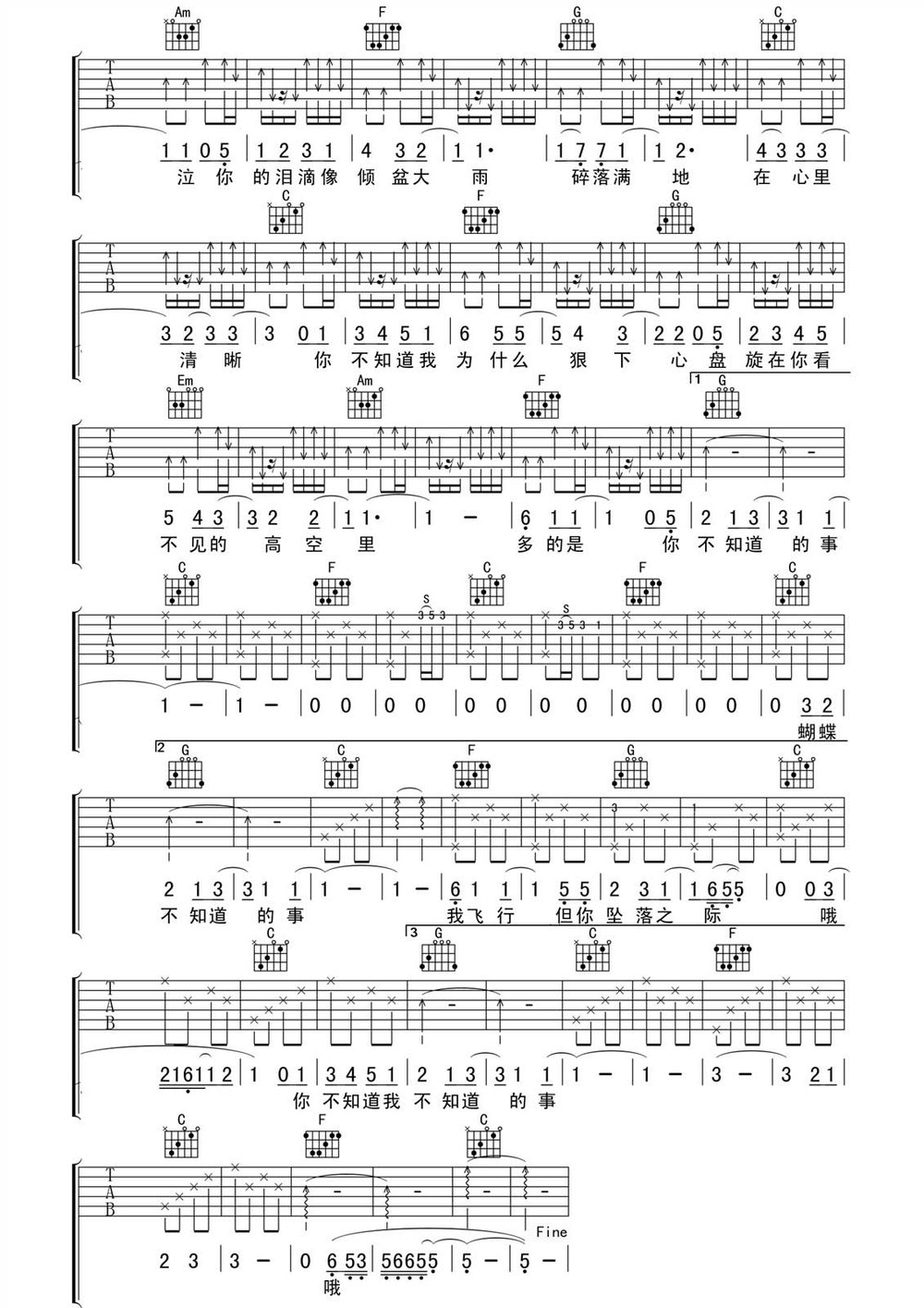 你不知道的事吉他谱 王力宏 C调