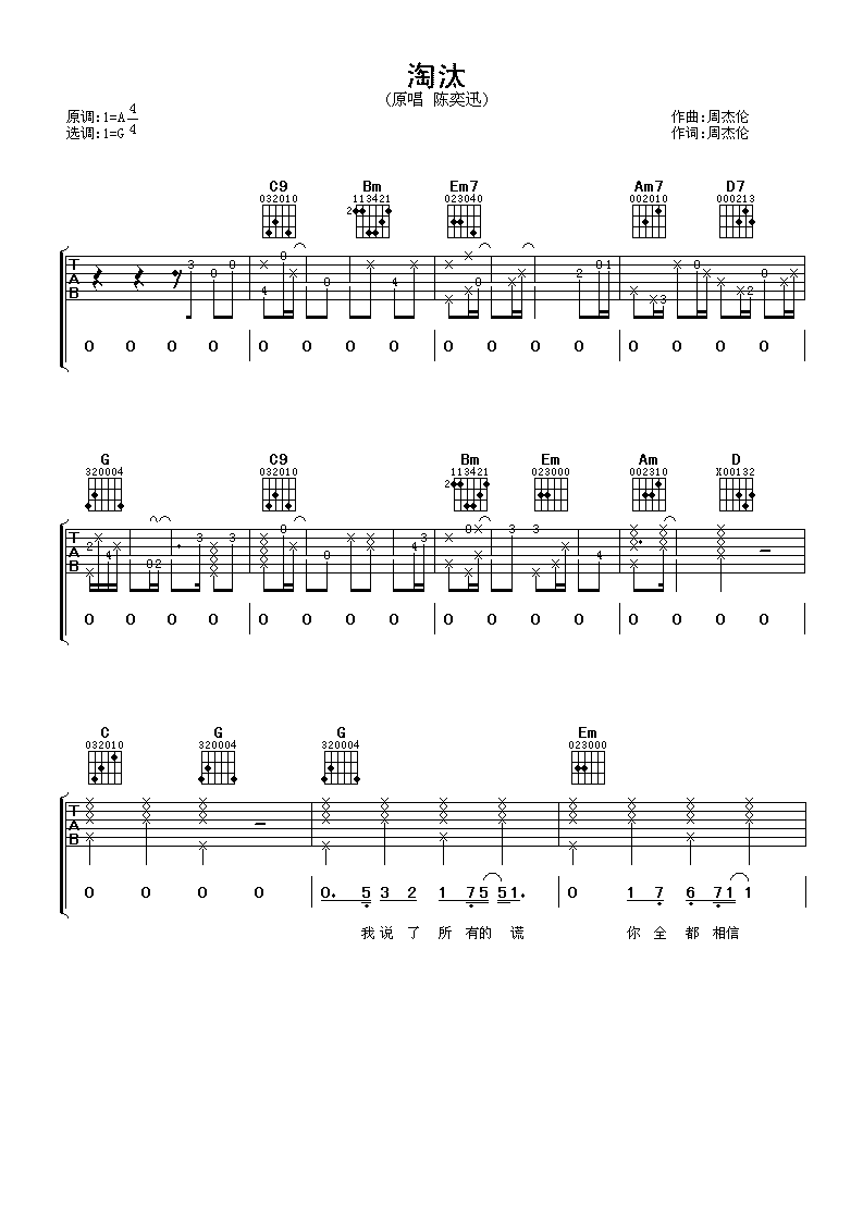 淘汰吉他谱陈奕迅G调