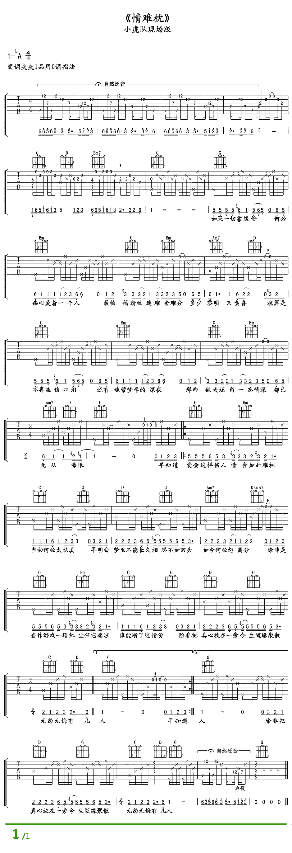 情难枕吉他谱 小虎队 G调现场版