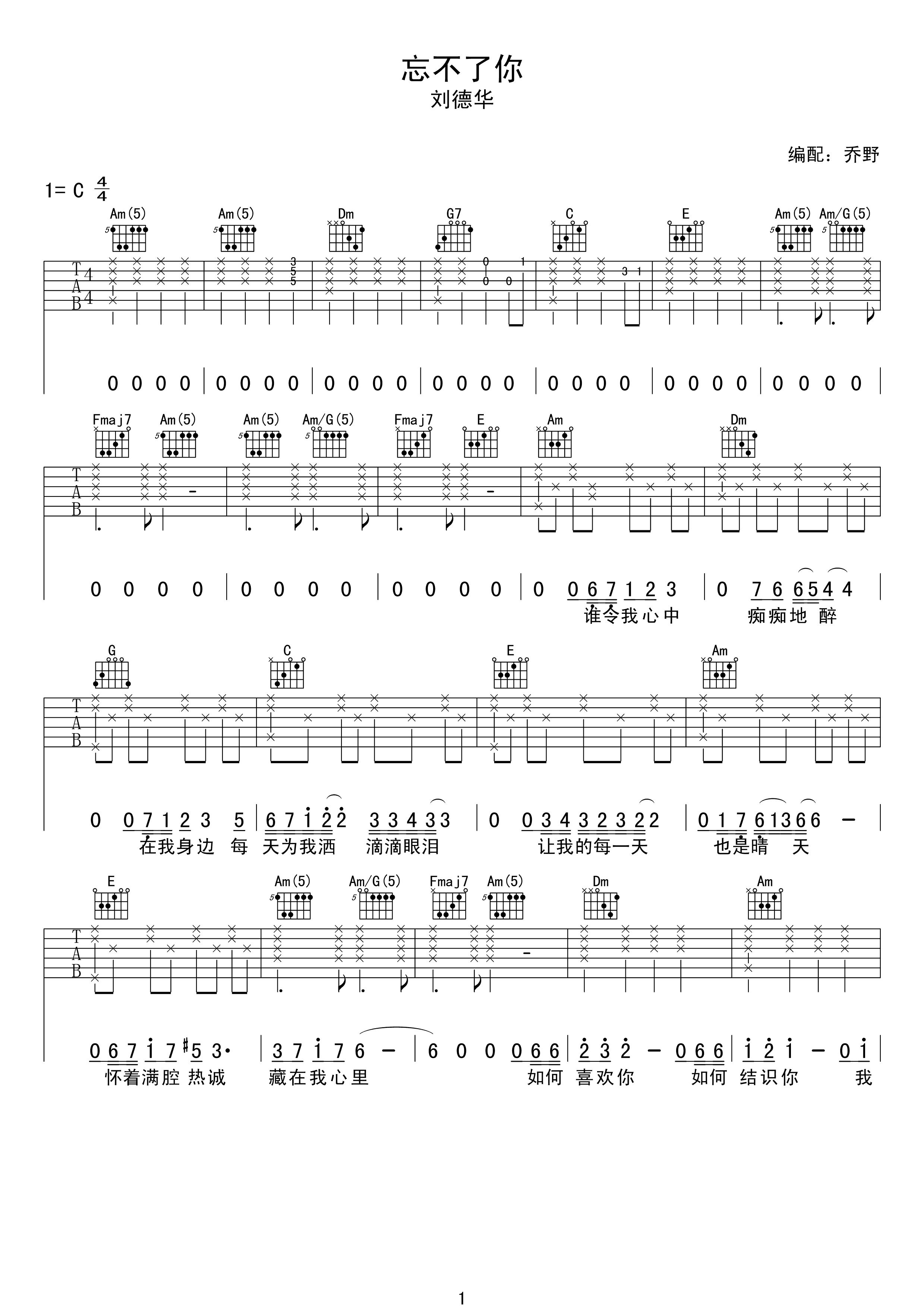 忘不了你吉他谱 刘德华
