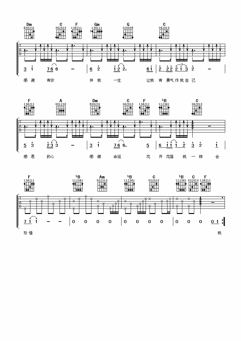 感恩的心吉他谱 欧阳菲菲