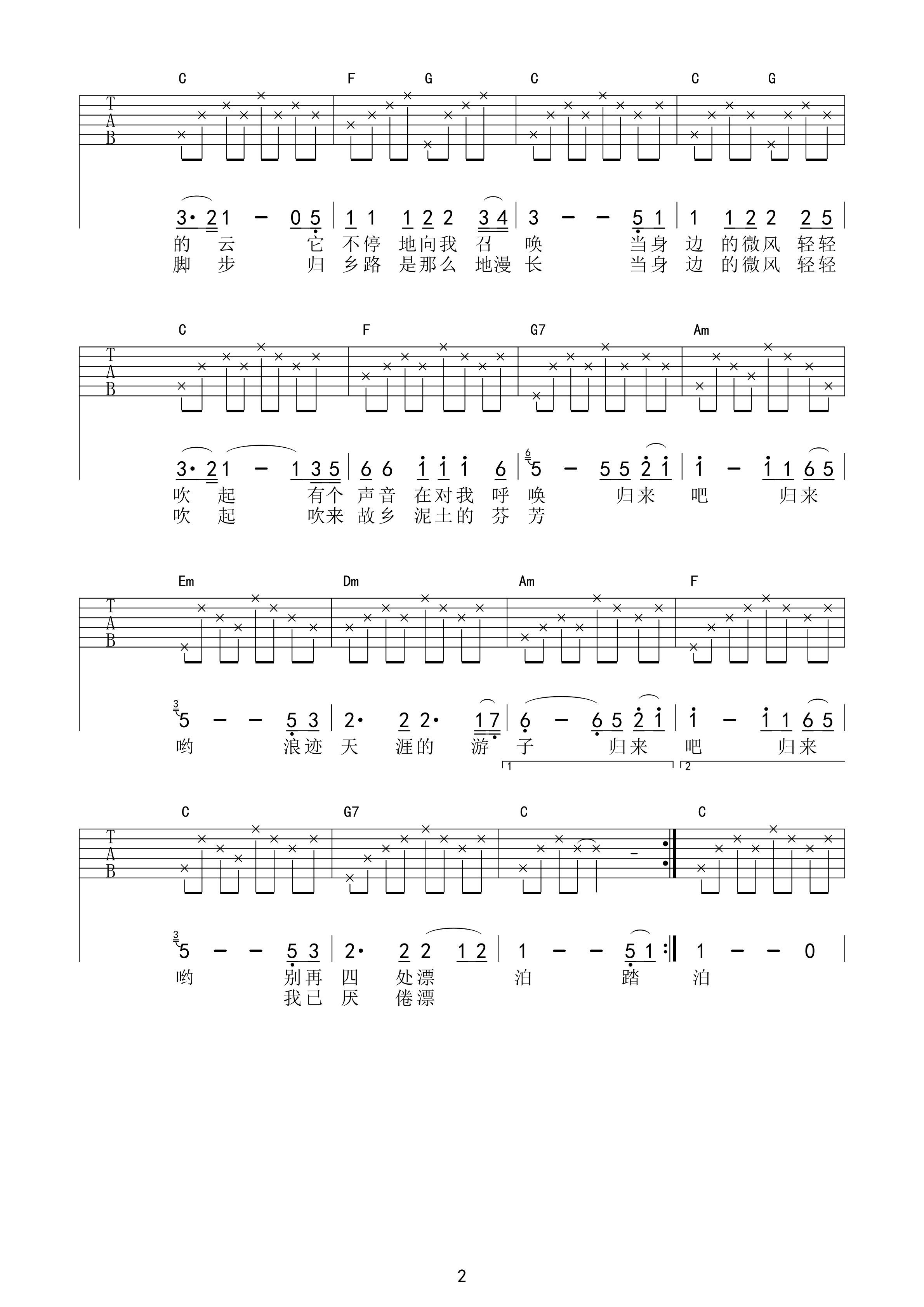 故乡的云吉他谱费翔C调