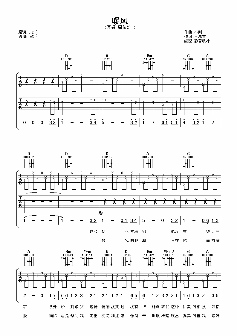 暖风吉他谱 周传雄