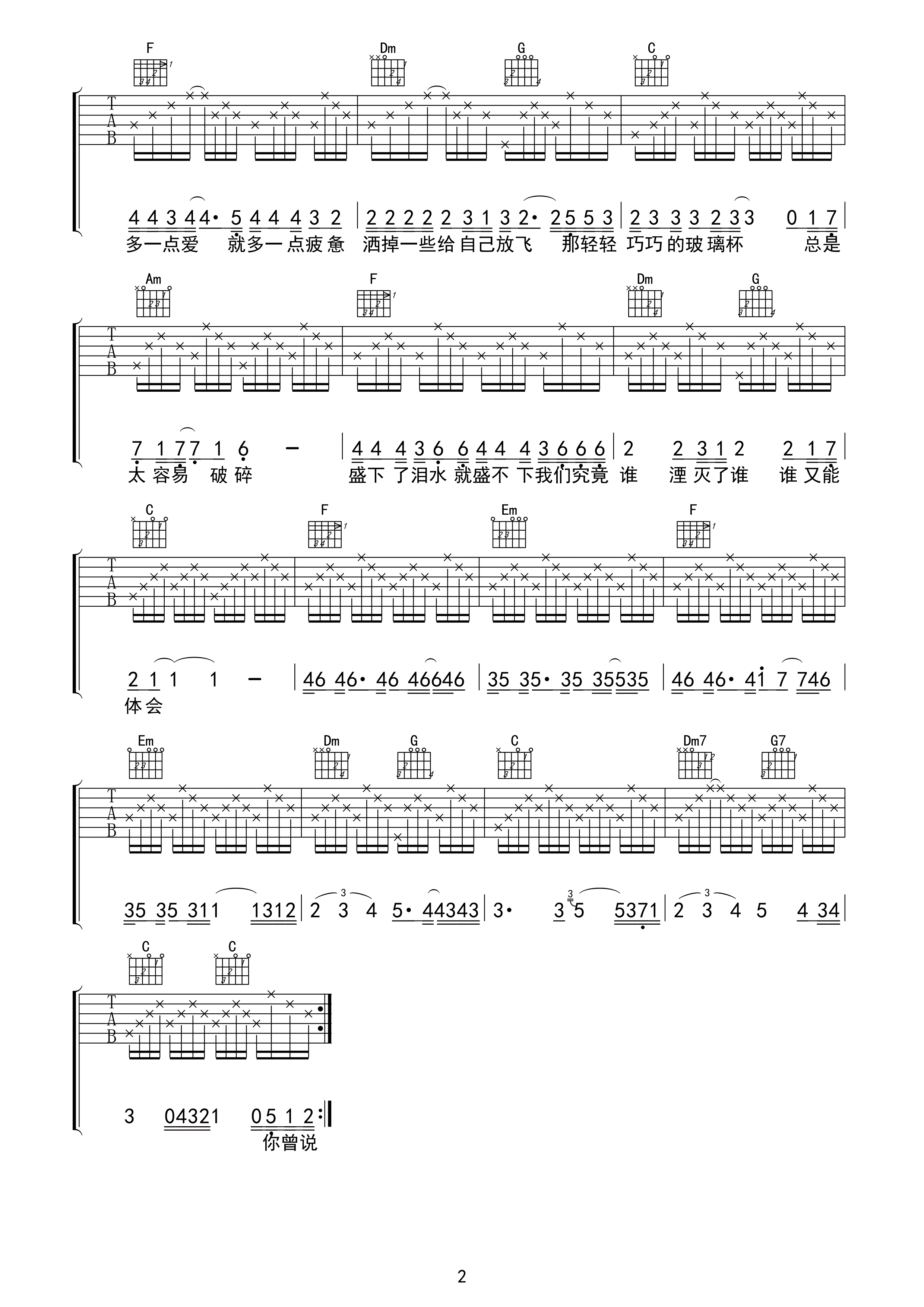 玻璃杯吉他谱 曹卉娟