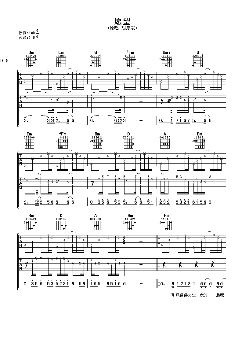 愿望吉他谱 胡彦斌