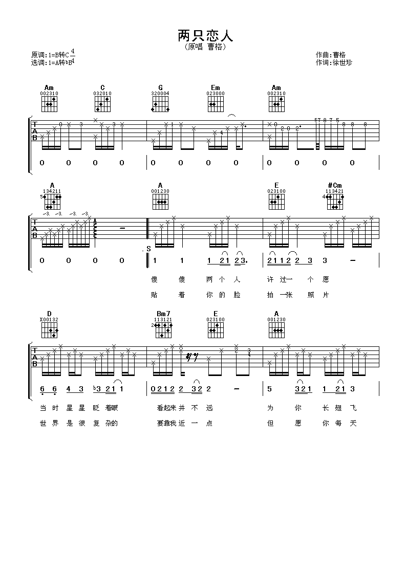 两只恋人吉他谱 曹格