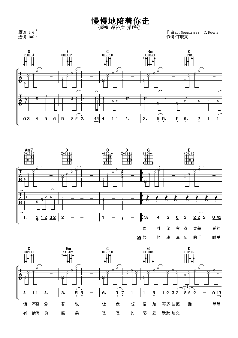 慢慢地陪着你走吉他谱 蔡济文梁雁翎