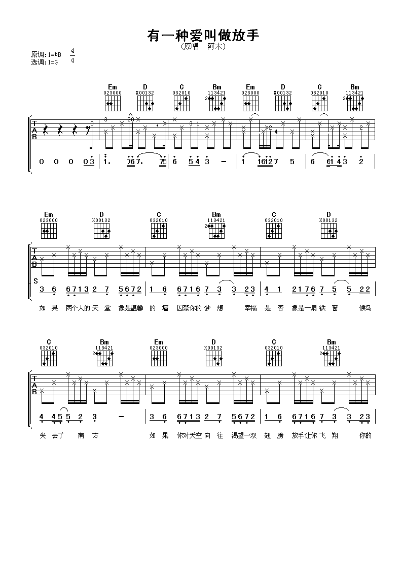 有一种爱叫做放手吉他谱 阿木