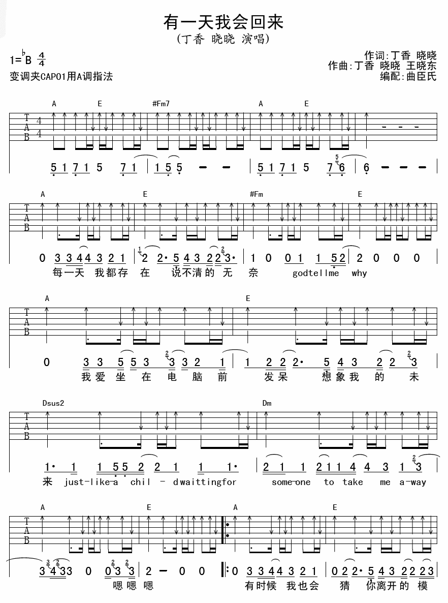 有一天我会回来吉他谱 丁香晓晓