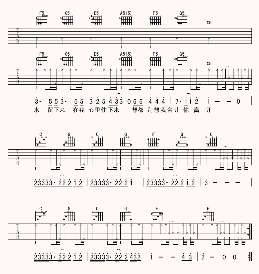 留下来吉他谱 飞轮海 C调