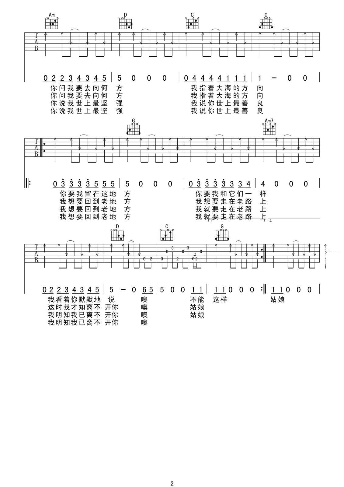 崔健花房姑娘吉他谱原版_崔健花房姑娘歌词歌谱