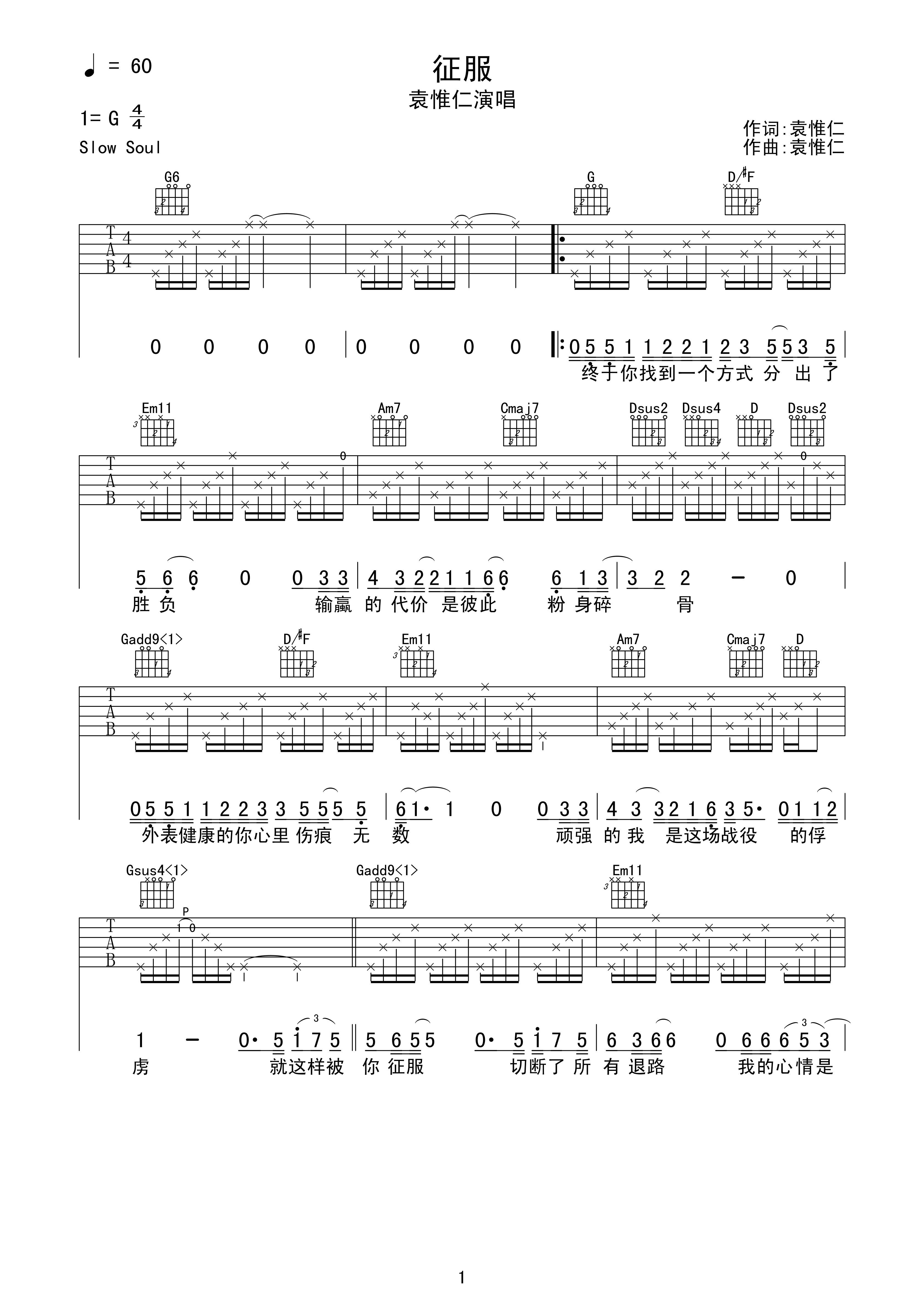 袁惟仁征服吉他谱