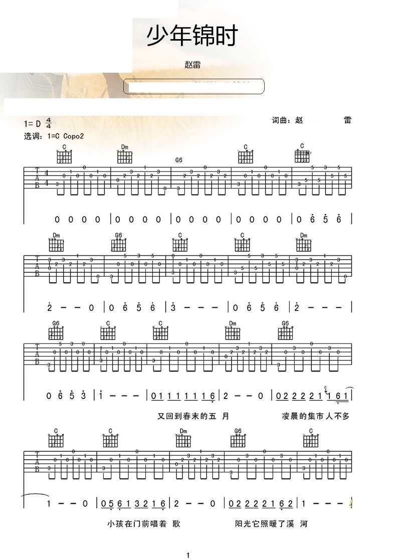 赵雷少年锦时吉他谱C调