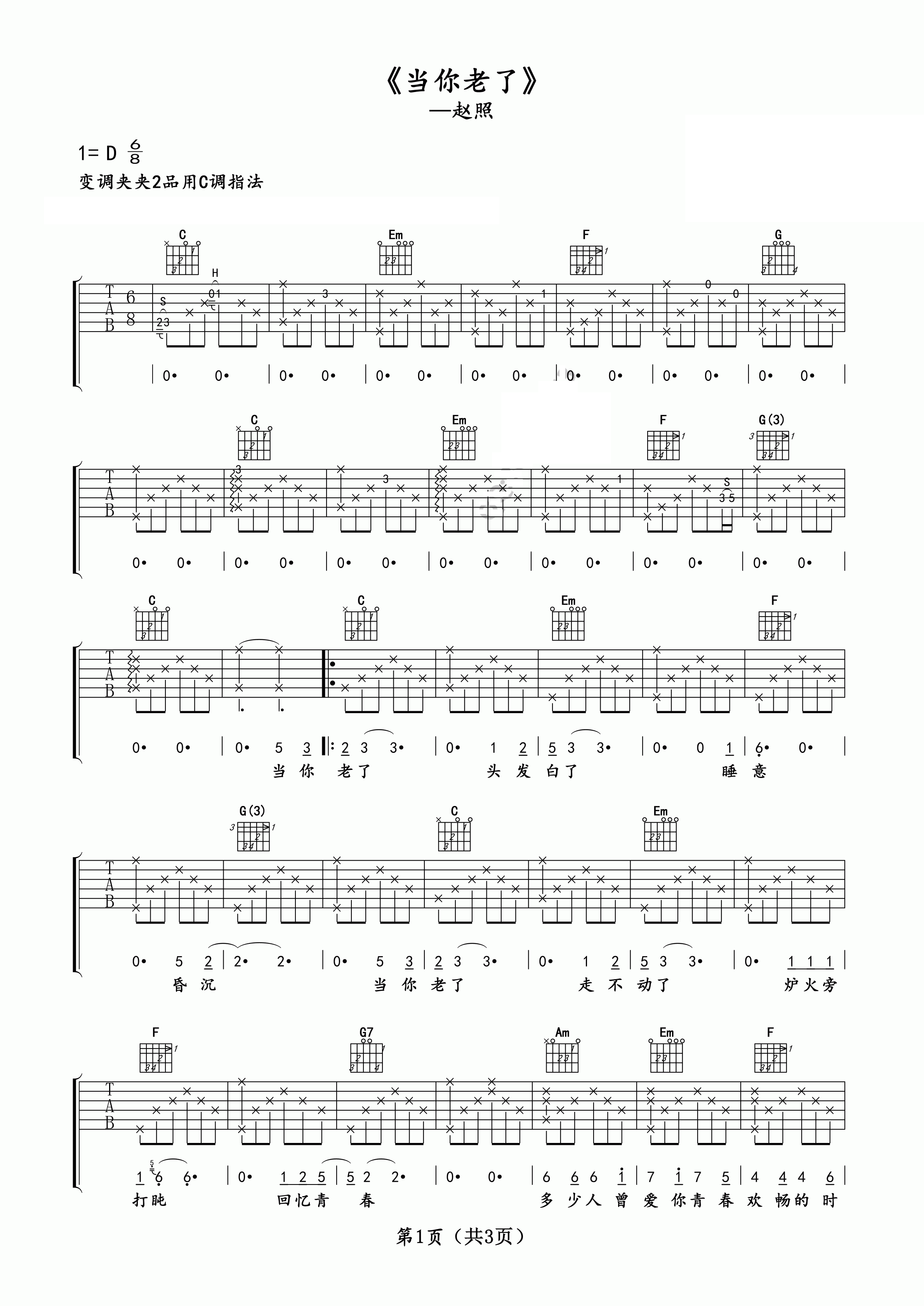 赵照当你老了吉他谱 C调