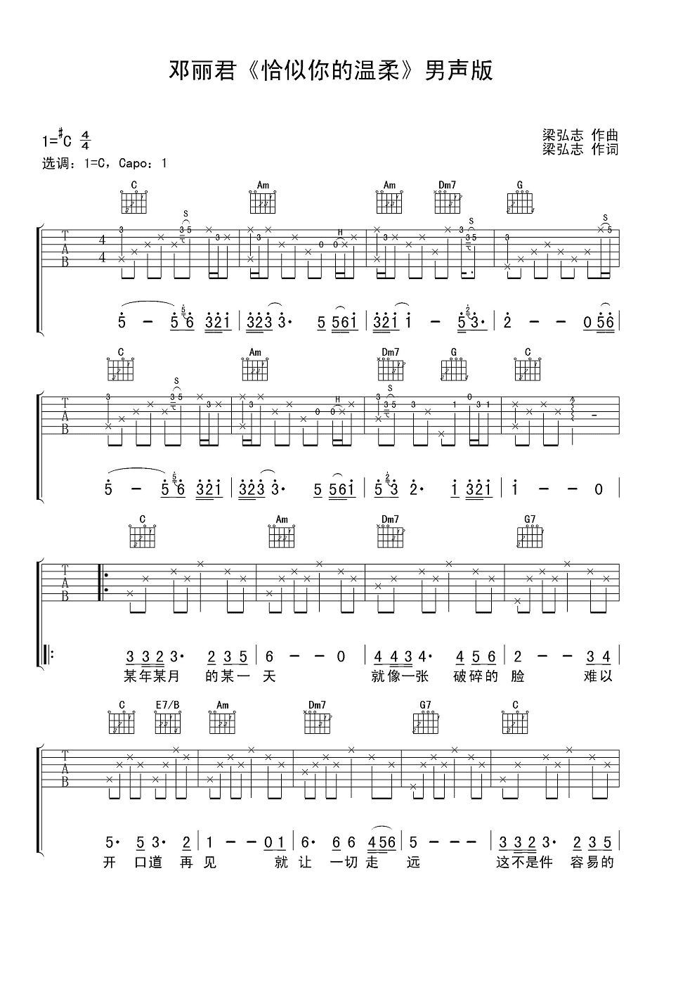 邓丽君恰似你的温柔吉他谱 男声版