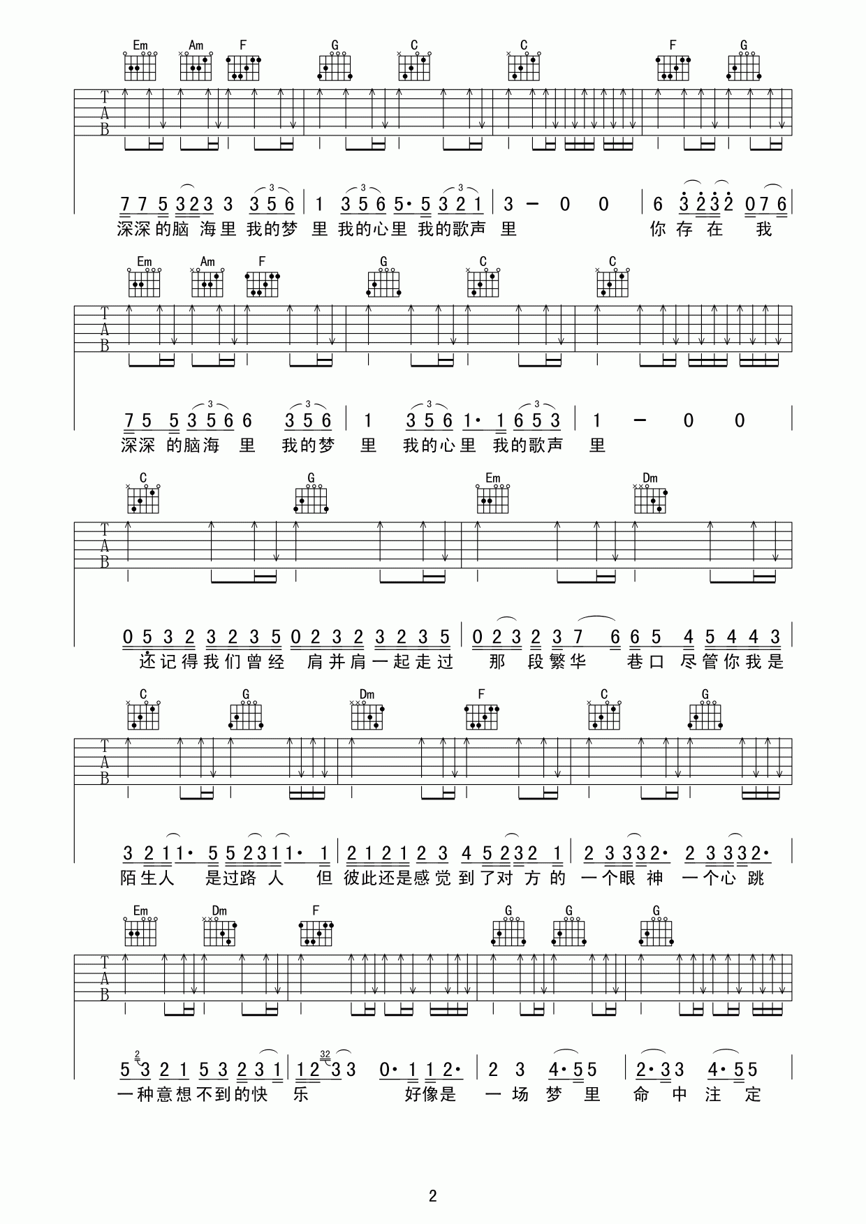 曲婉婷 我的歌声里吉他谱 C调