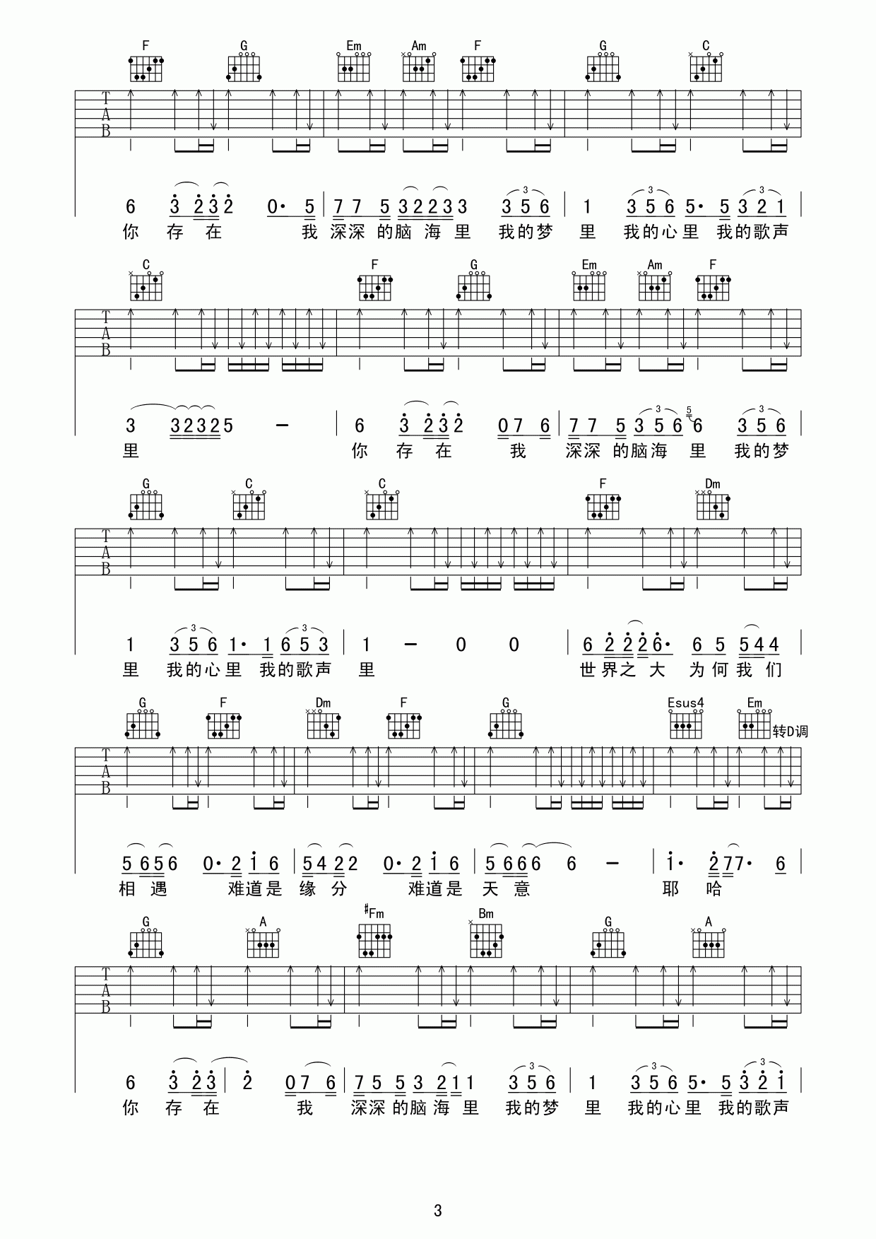 曲婉婷 我的歌声里吉他谱 C调