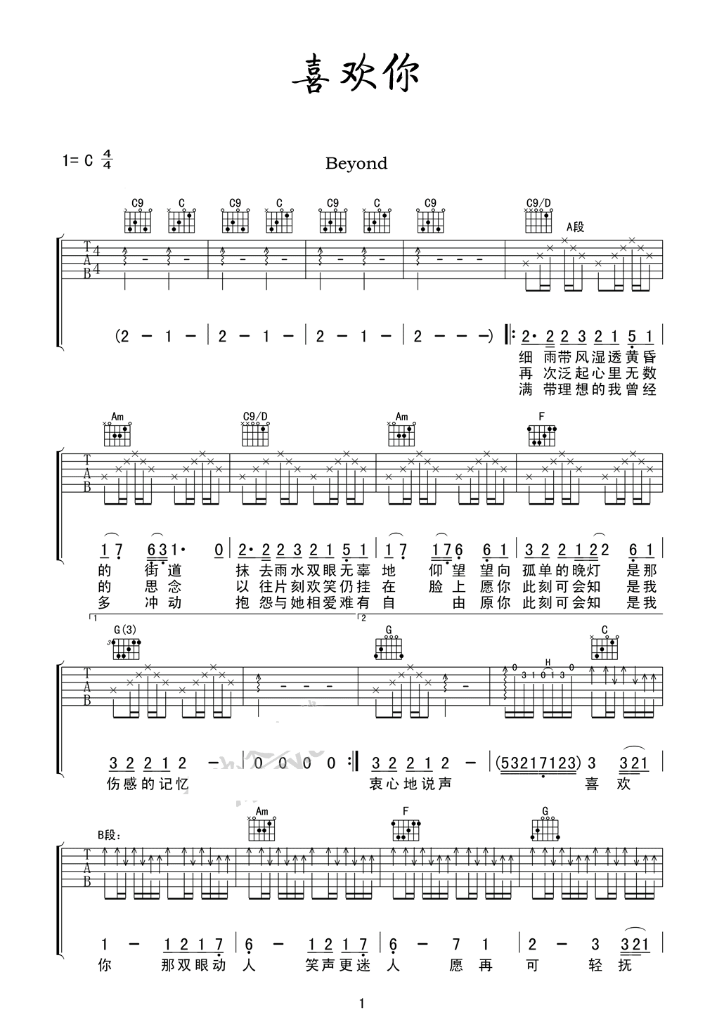 喜欢你吉他谱 beyond