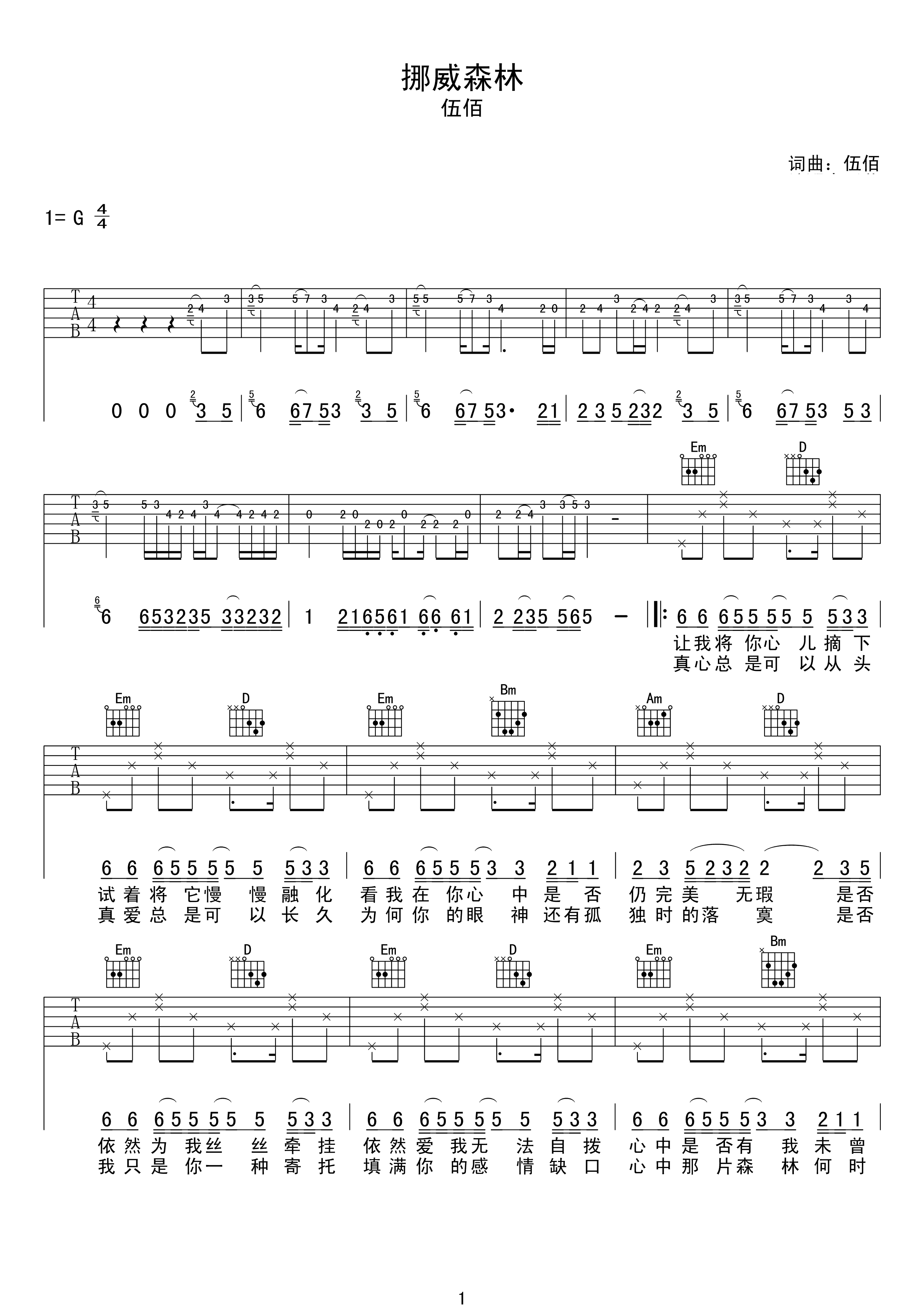 挪威的森林吉他谱 伍佰