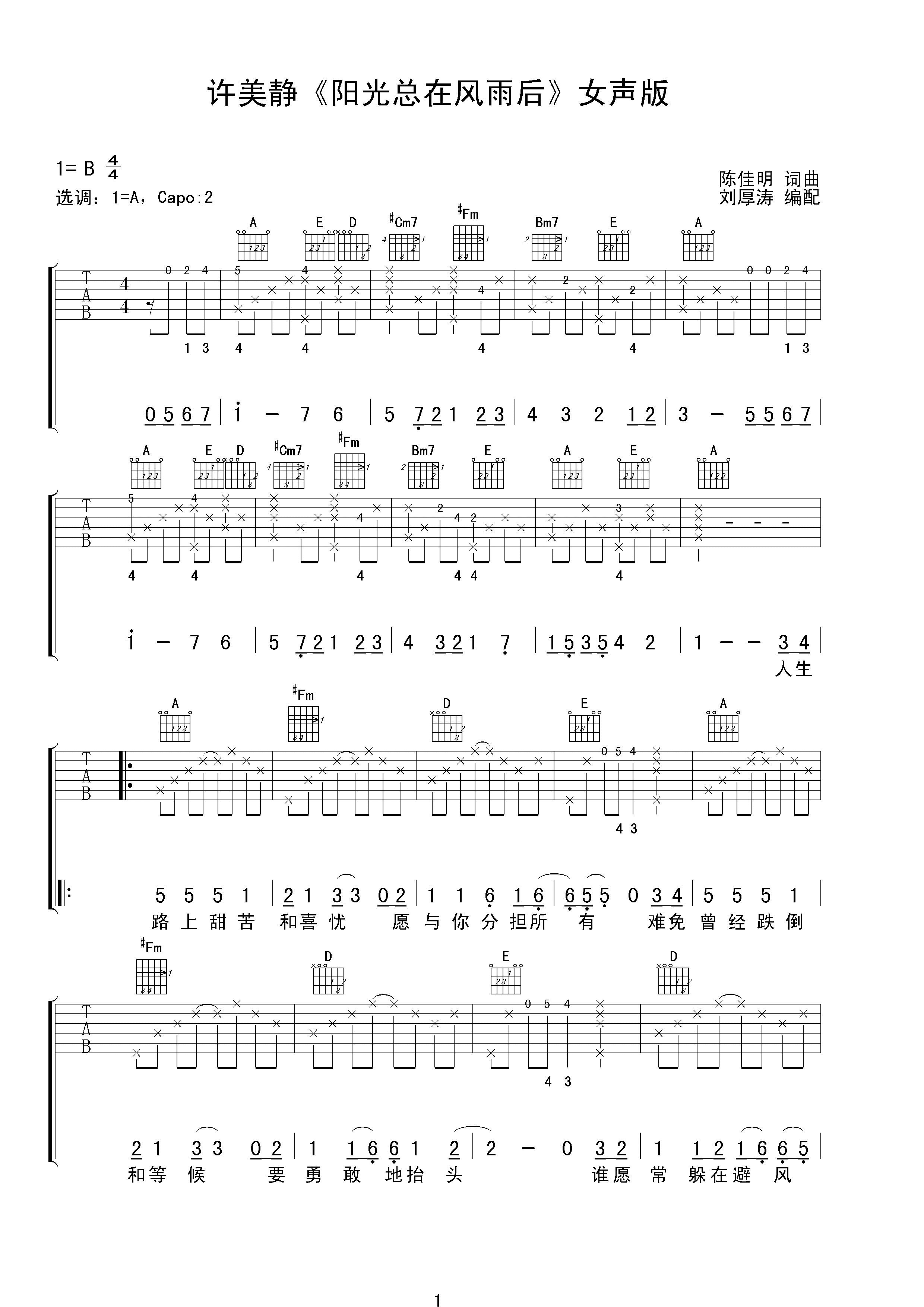 阳光总在风雨后吉他谱 许美静