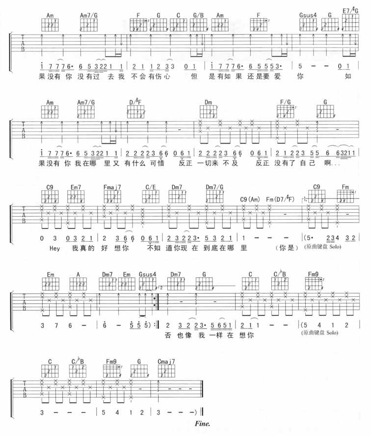如果没有你吉他谱 莫文蔚