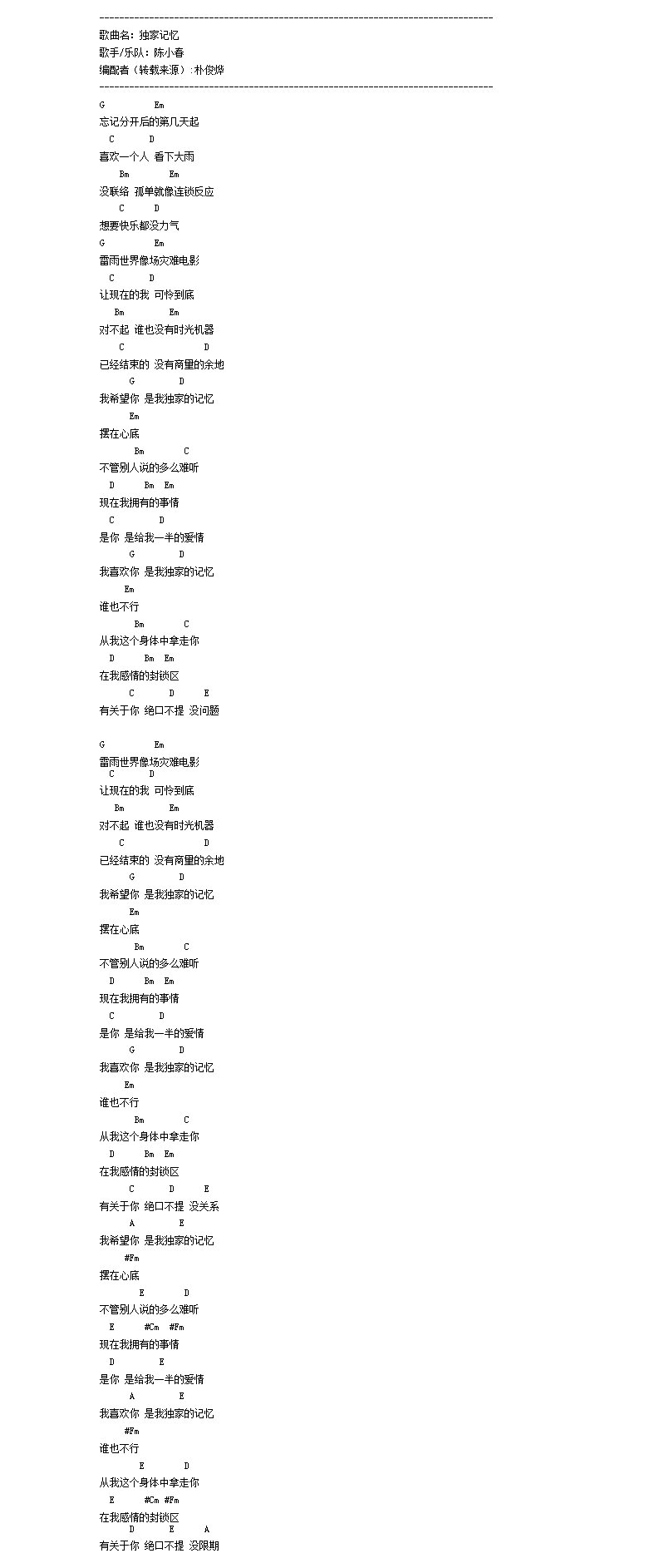 独家记忆吉他谱 陈小春