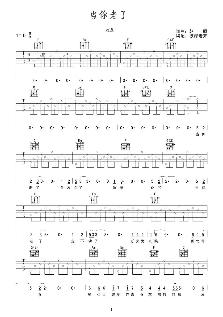 当你老了吉他谱 赵照