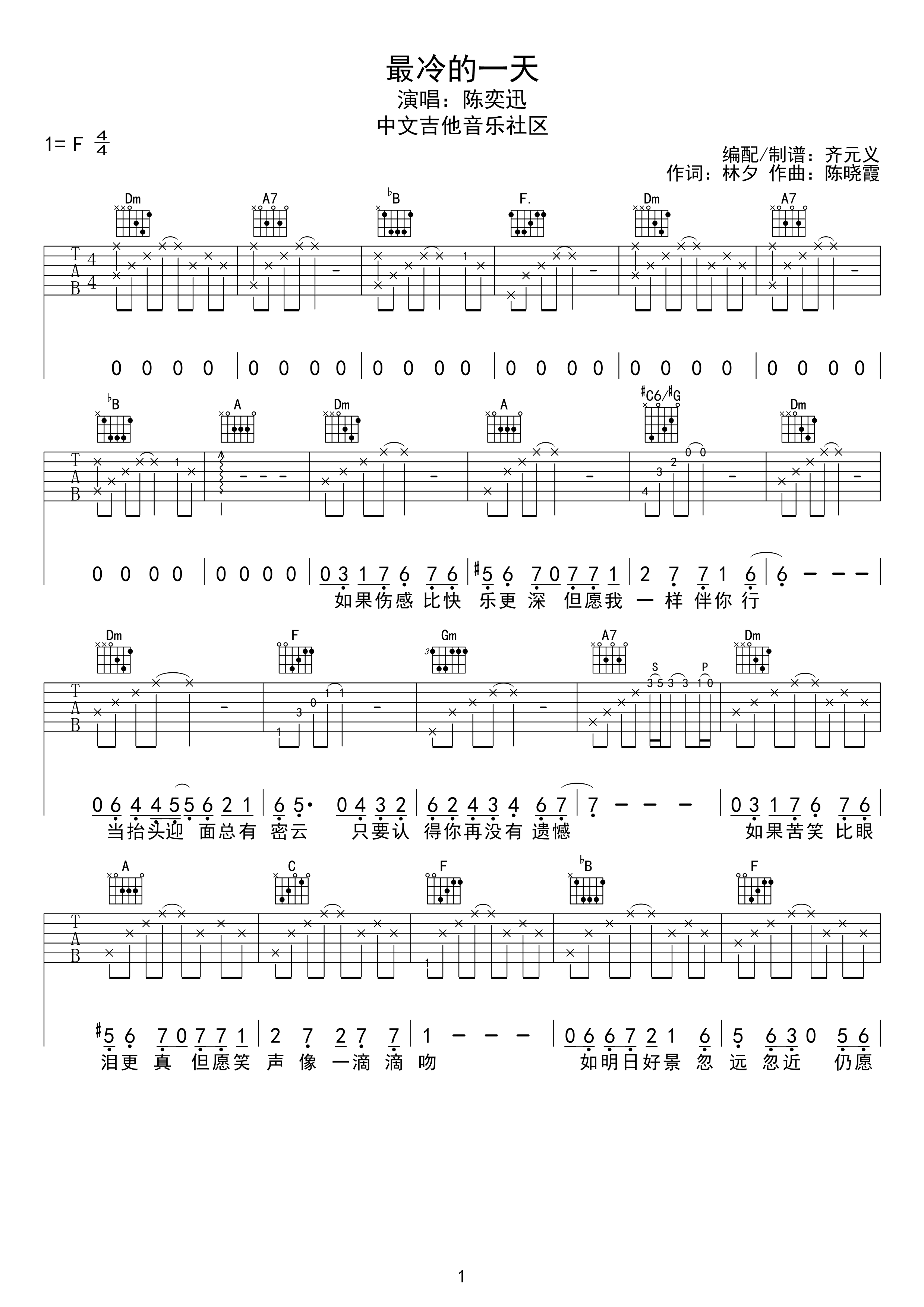 最冷一天吉他谱 陈奕迅
