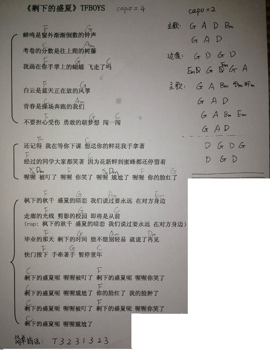 剩下的盛夏吉他谱Tfboys