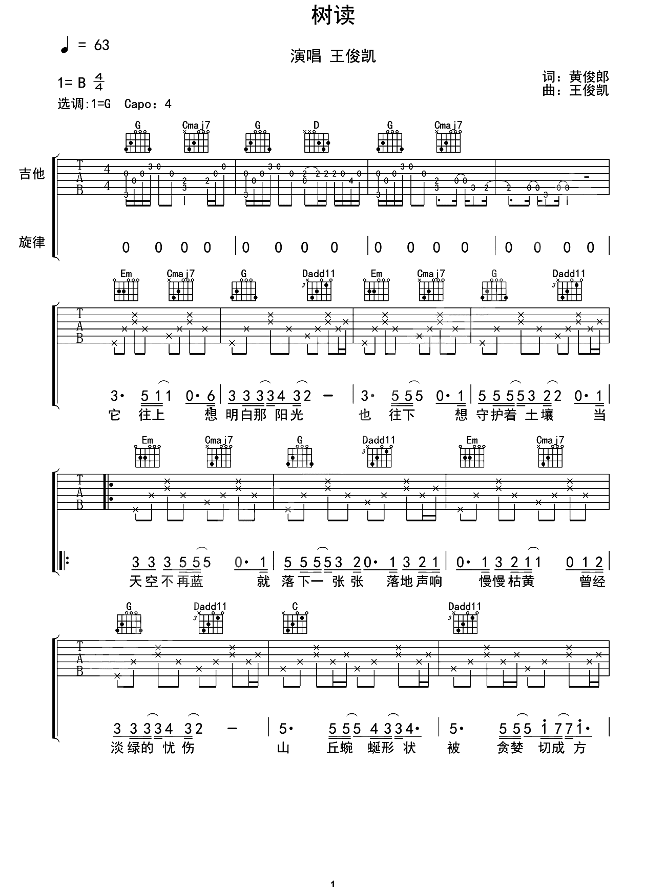 树读吉他谱_TFBOYS王俊凯树读六线谱歌词