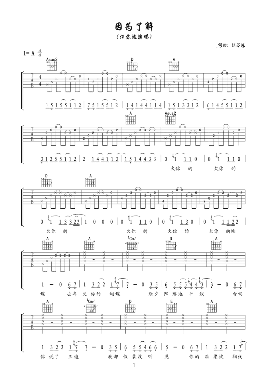因为了解吉他谱