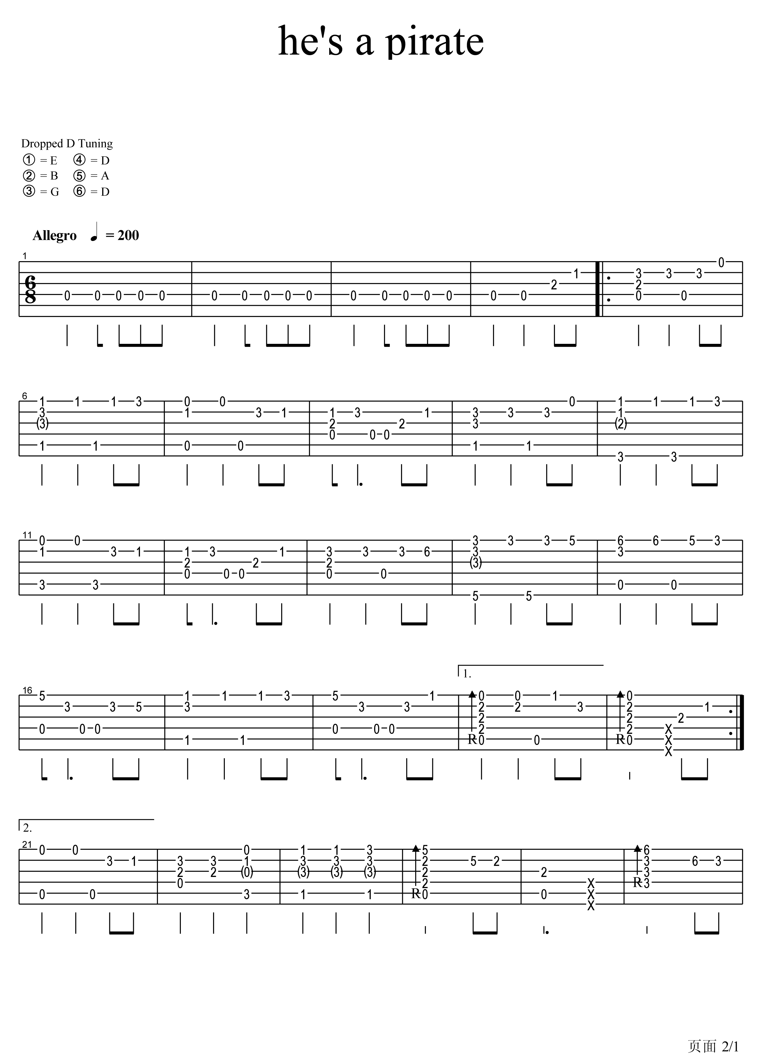 he is a pirate 加勒比海盗吉他谱