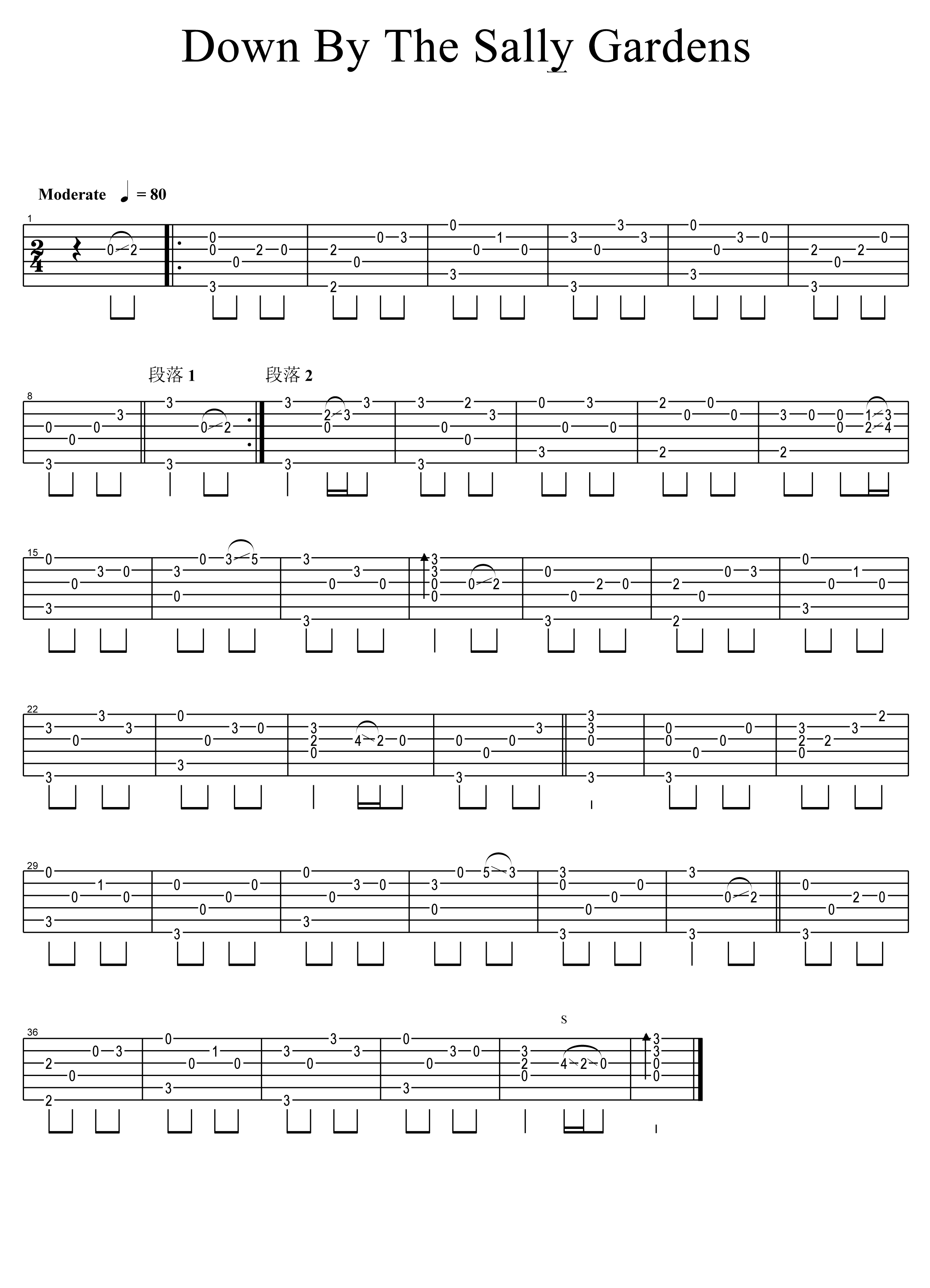 爱尔兰Down By the Salley Garden指弹吉他谱