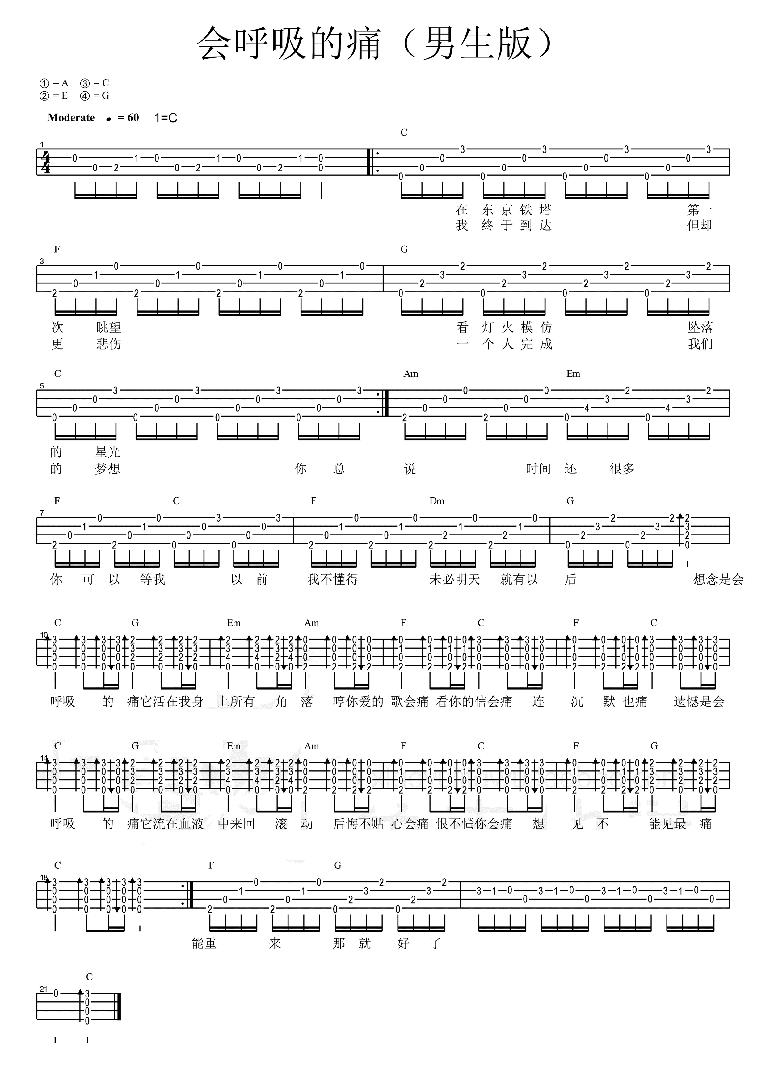 梁静茹会呼吸的痛尤克里里谱 男声版