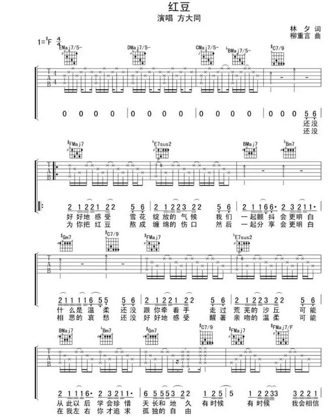 王菲红豆的吉他六线谱欣赏