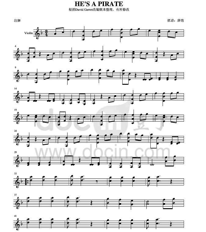 he is a pirate小提琴谱