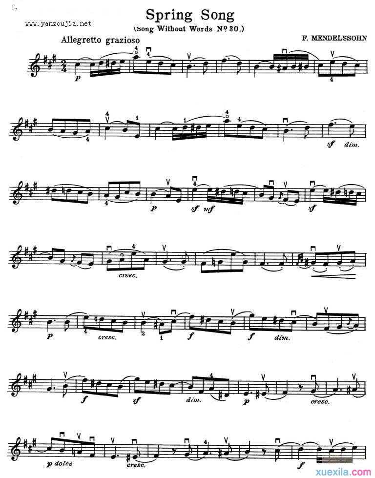 春之歌小提琴曲谱