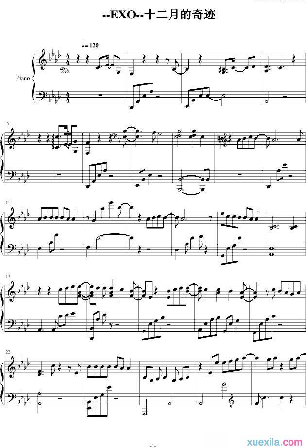 exo十二月的奇迹五线谱带歌词