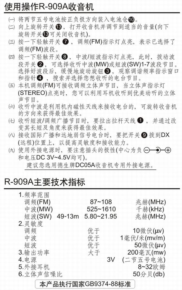 Tecsun/德生 R-909A 调频/中波/短波九波段立体声收音机