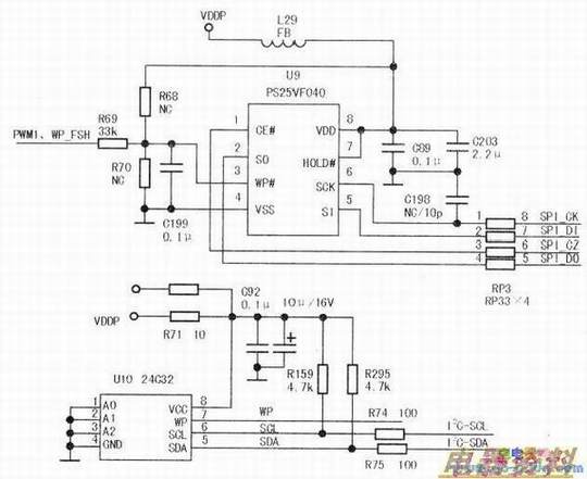 由集成块U10(24C32)和U9(PS25VF040)组成的电路